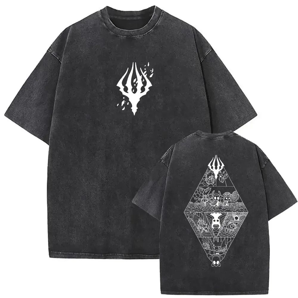 Hollow Knight Symbol & World Element Double-Print T-Shirt: Distressed Charcoal Oversize Base with IP Icon & Detail Collection