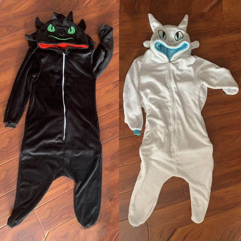 Toothless Dragon White Black Onesie Adult Unisex Flannel Pajama Anime Cosplay Costume Train Your Night Fury Sleepwear E46762AC