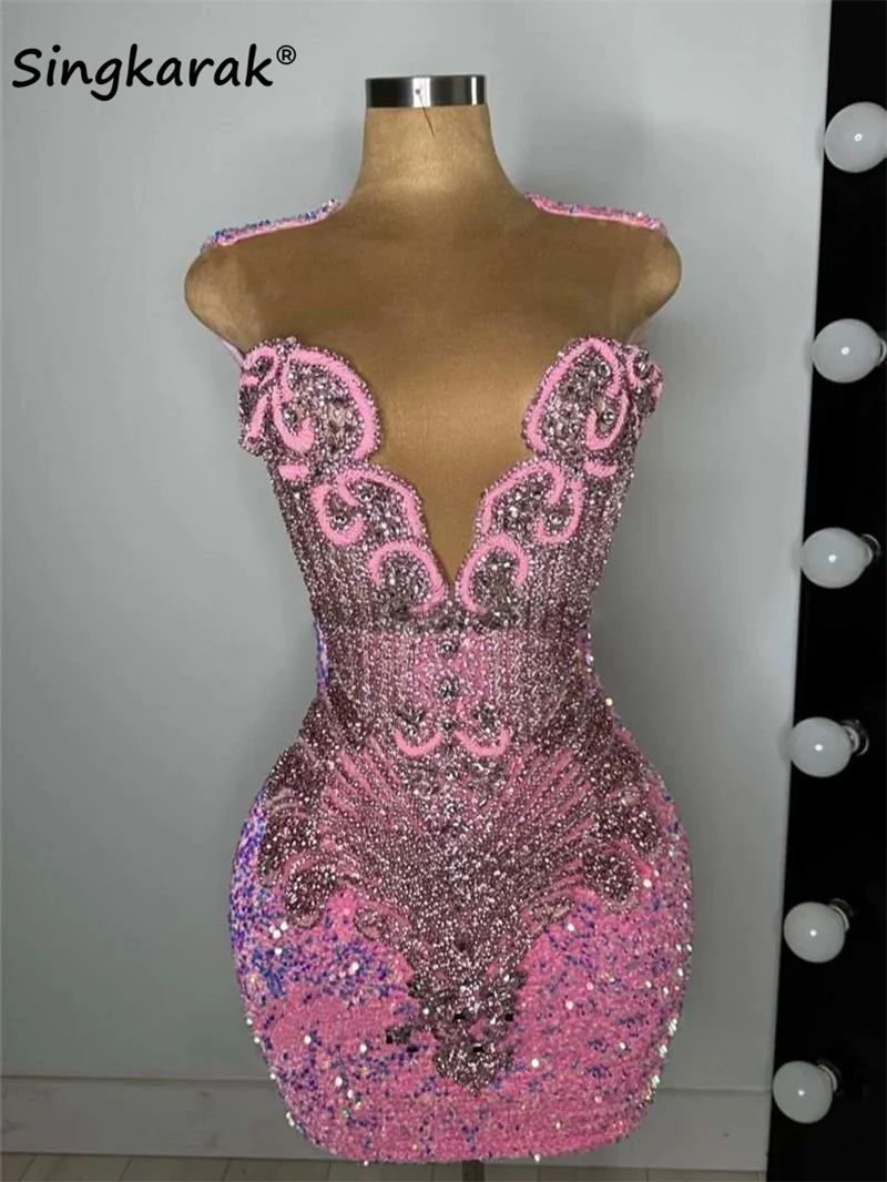 Sparkly Pink Diamonds Prom Dress 2024 For Black Girls Bead Crystal Rhinestones Birthday Party Cocktail Senior Homecoming Gown