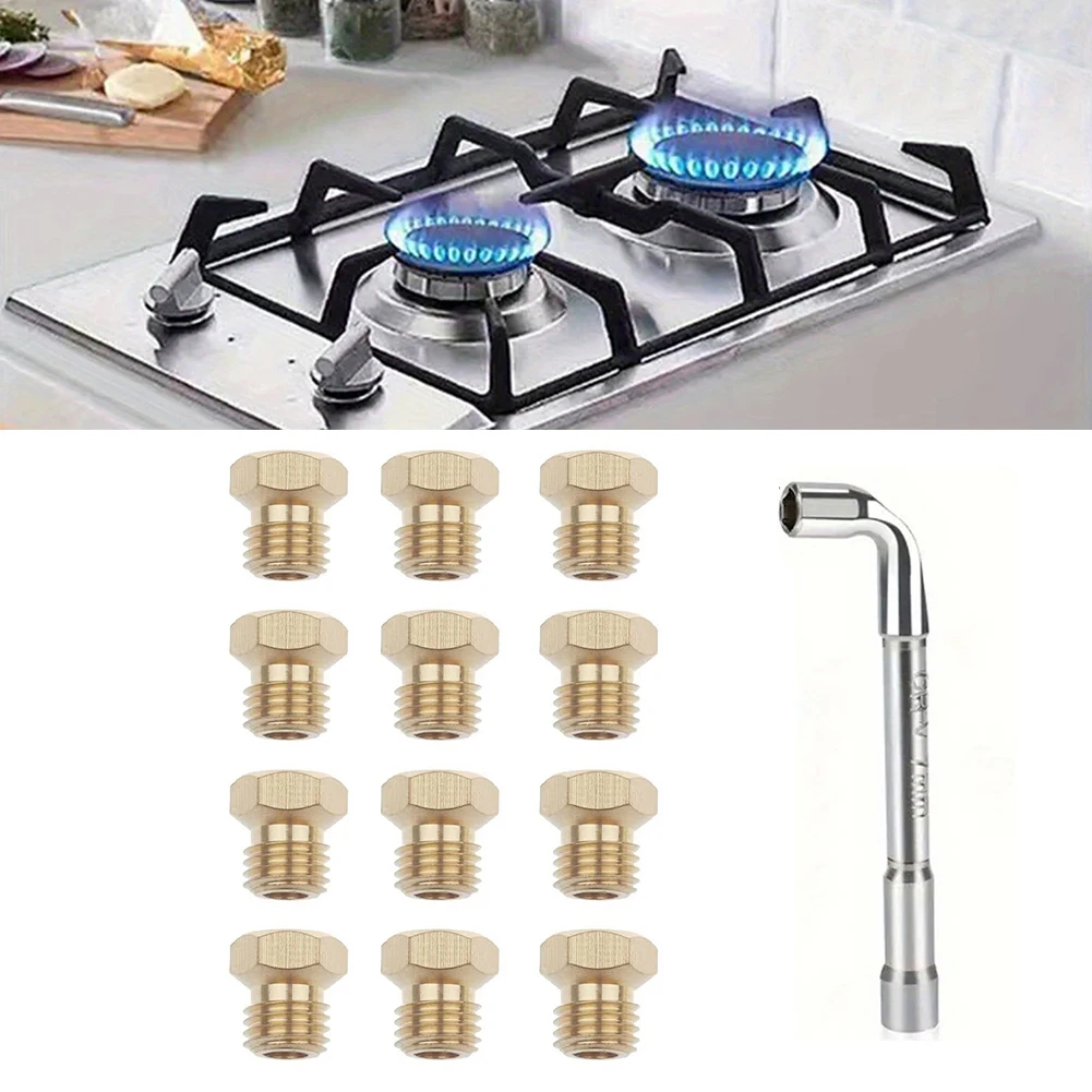 12pc Brass Nozzle M6x0.75 For Gas Stove Repair Gas Stove Nozzle Kit Gas Stove Components Accessories Kitchen Burner Adapter Tool