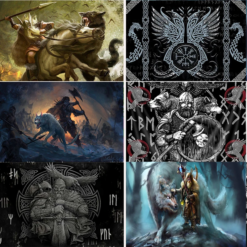 

Norse Viking Tapestry Odin Warrior Sword Axe Raven Tapestries Square Happy Birthday Party Backdrops Decoration Photography