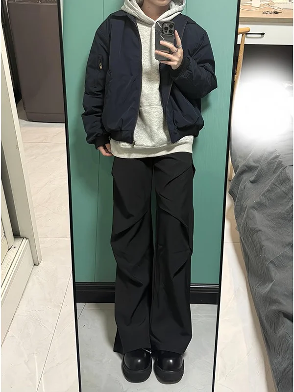 

American Sle Men's Bla Pleated Wide Leg Pants Heavyweight INS Hong Kong Sle Straight Leg CleanFit Flared Pants