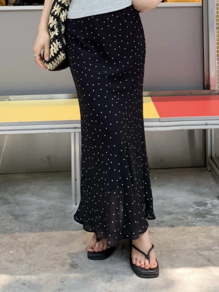 Falda Midi de Cintura Alta con Estampado de Lunares Rojos, Estilo Dulce y Versátil, para Mujer, Otoño, Estilo Adeazante y R...