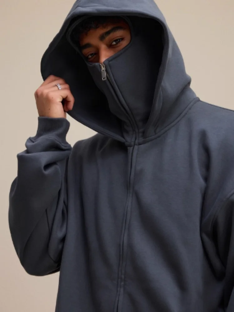 Männer Zip Hoodie Winter Warm Casual Sweatshirt männlich Y2K mit Kapuze Gesichtsmaske Reißverschluss Design Sportjacke Outdoor-Aktivitäten
