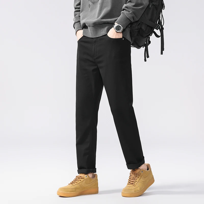 

Осенне-осенние мужские джинсы премиум-класса из лиоцелла 202, чистые черные эластичные узкие прямые универсальные потертые брюки цвета