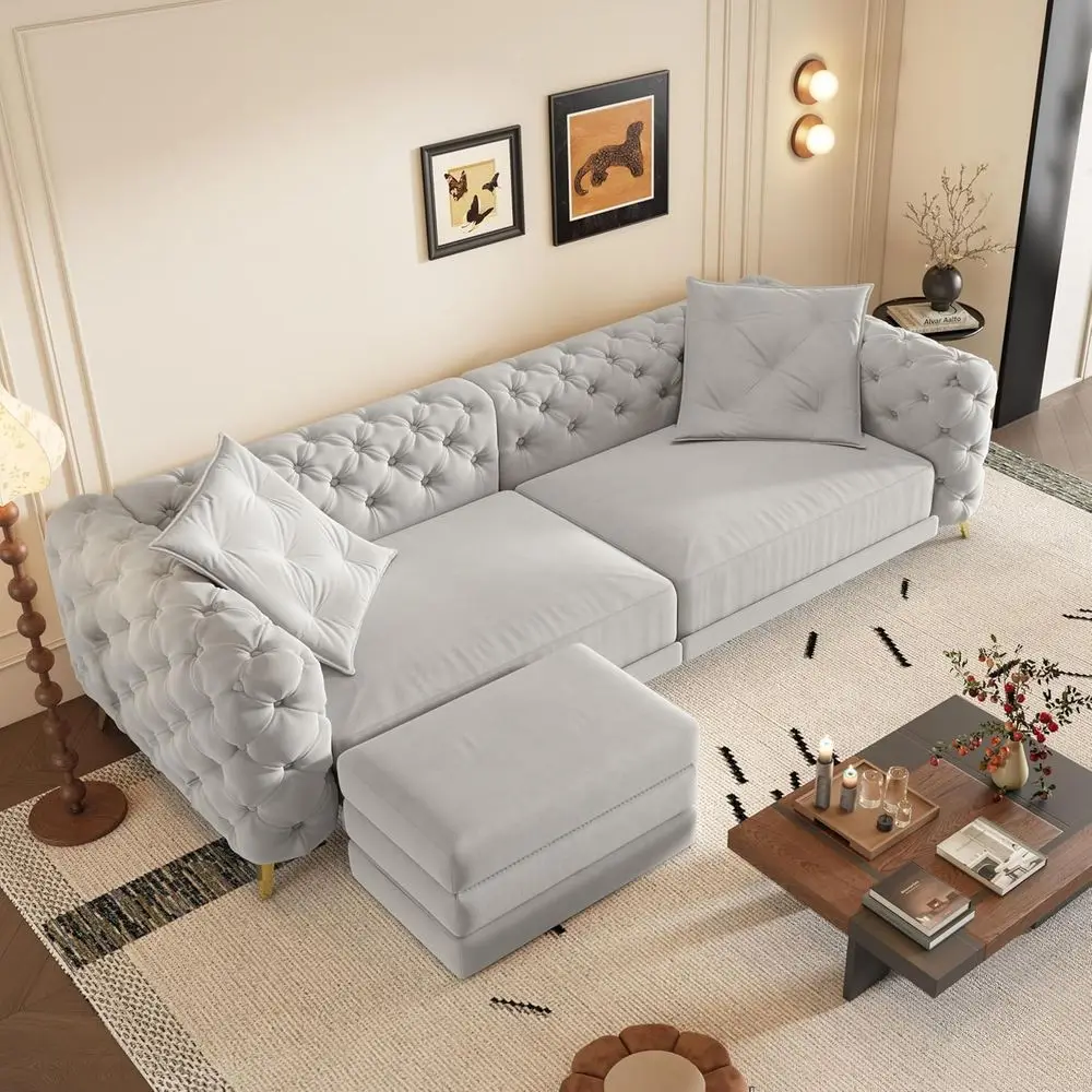 

King Size Velvet Sleeper Sofa, Convertible L-Shape Couch with Deep Seat and Ottoman, Light Gray