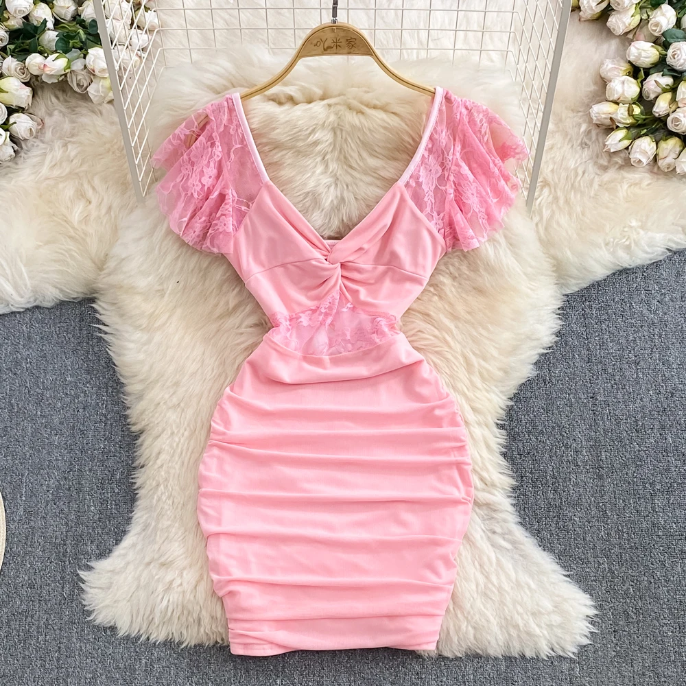 Foamlina Summer Fashion Sexy Lace Splice V-neck Dress Sweet Girl's Flying Sleeves Waist Shrinking Wrap Dress Mini Short Dresses