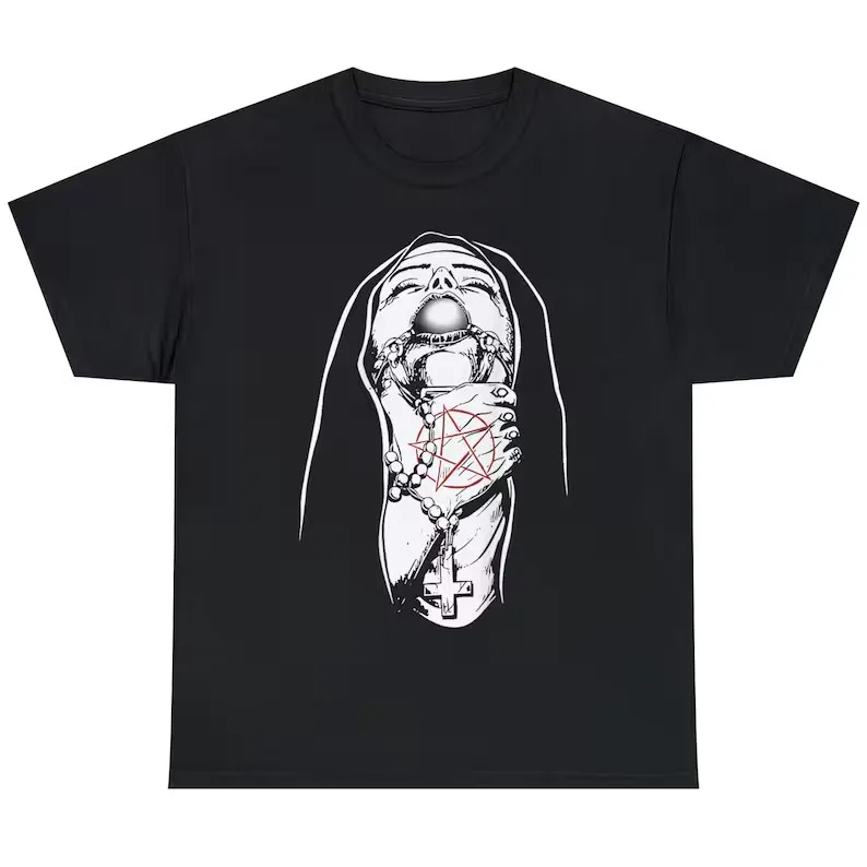 Satanic Nun Tattoos Unholy T-Shirt, Unholy Nun Satan Bad  Inverted Cross Shirt Man and Woman Gift  Fashion New Style Cotton