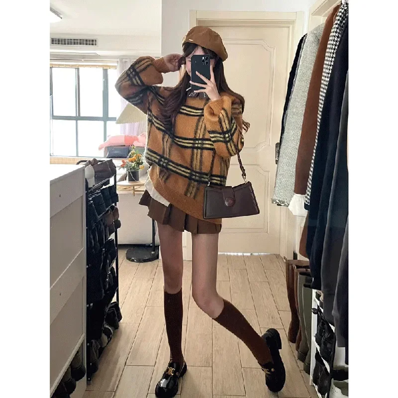 Herfst Winter Koreaanse Preppy Stijl Breien Truien Femme Modieuze Plaid O-hals Lange Mouw Trui Dameskleding Top Tee