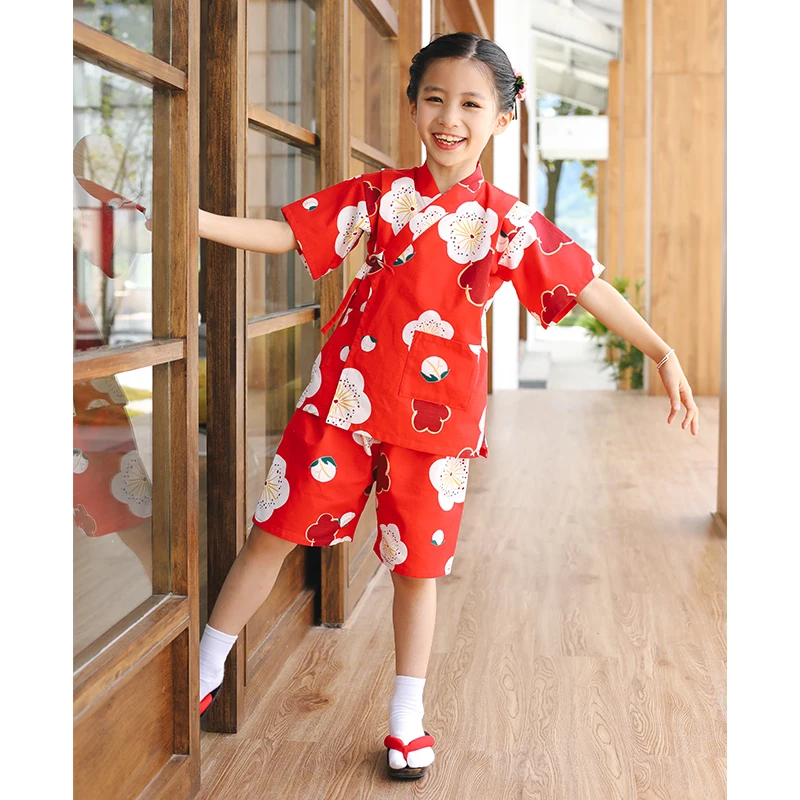 Japan Style Children's Cotton Pajama Set Girl's Summer Short Sleeve Home Wear Kid's Kimono Comfortable Lounge Wear