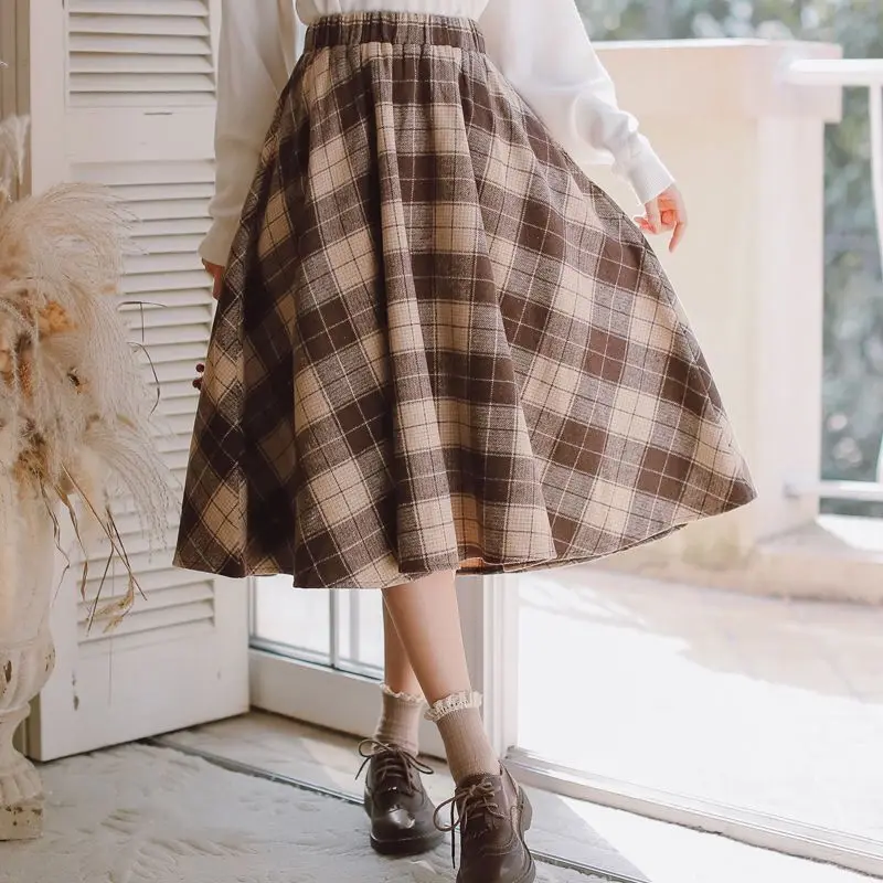 

Autumn Winter Woollen Plaid Vintage Skirt Women Japanese Style Chic Patchwork Elegant Skirt Female Korean Fashion Skirt M165
