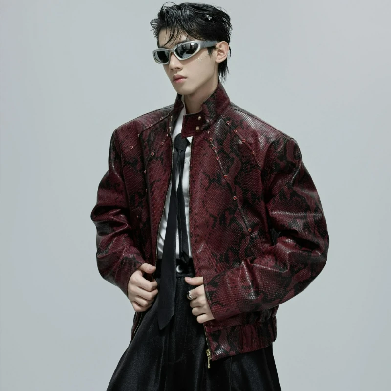2026 Spring Autumn Featuring A Unique Design Sense A Short Leather Jacket with A Stand-up Collar Gemstone Embellishment for Men