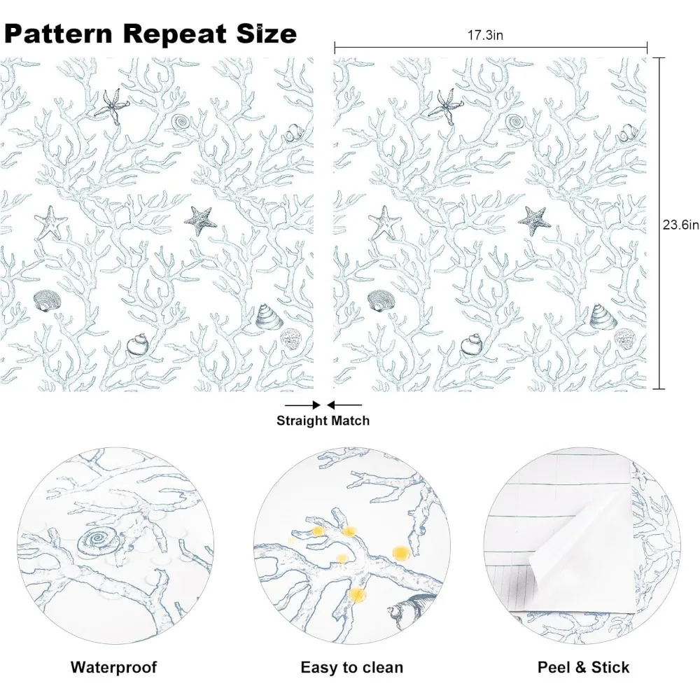 ورق اتصال كورال صدف نجم البحر، قشر وعصا، أبيض وأزرق فاتح، ورق جدران ساحلي، 17.3 × 1181 بوصة، لاصق ذاتي