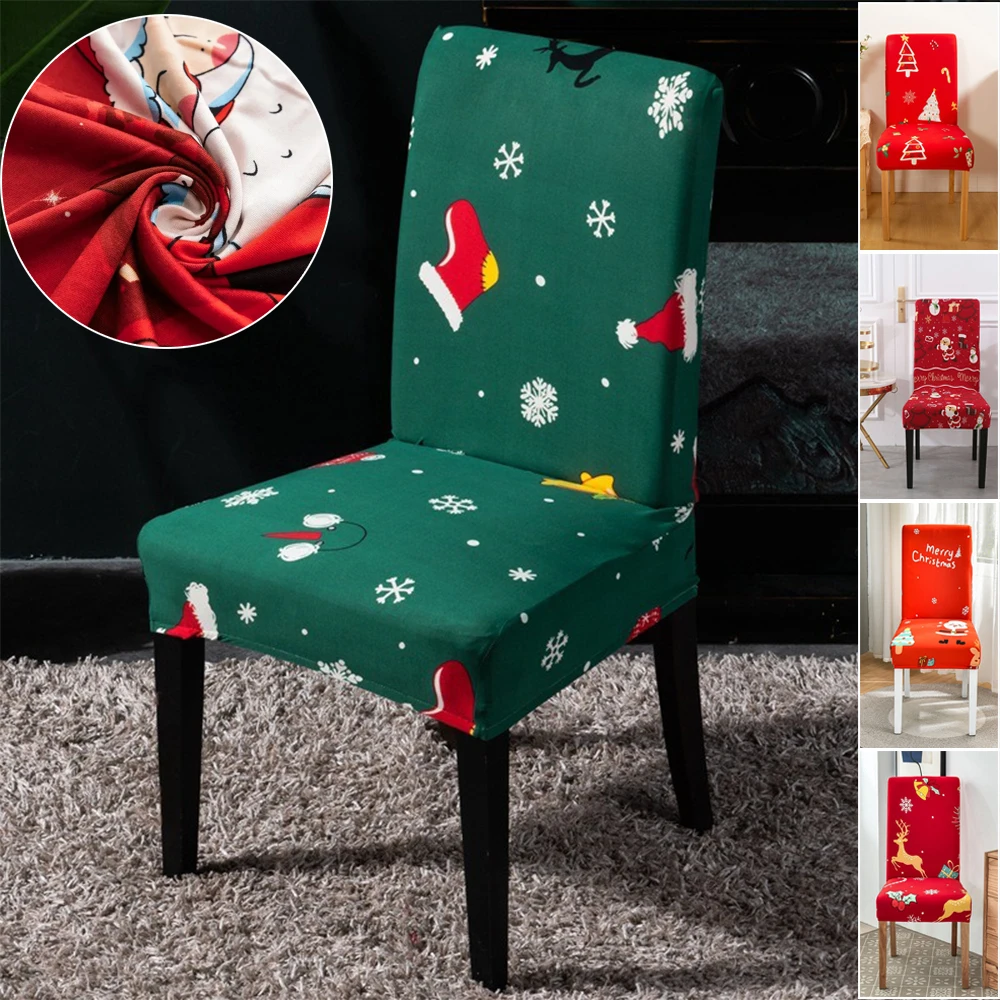 

Christmas Decoration Stretch Chair Covers Xmas Deer Santa Printed Chair Slipcovers Elastic Seat Covers for New Year Hotel Party