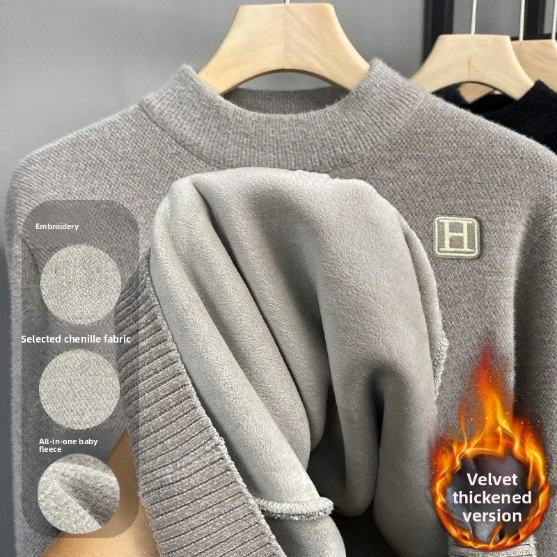 

Mens Chenille Fleece Sweaters Fashion Knitting Tops Letter Autumn Winter One-piece Velvet Warm Pullover Men's Sweaters Clothing
