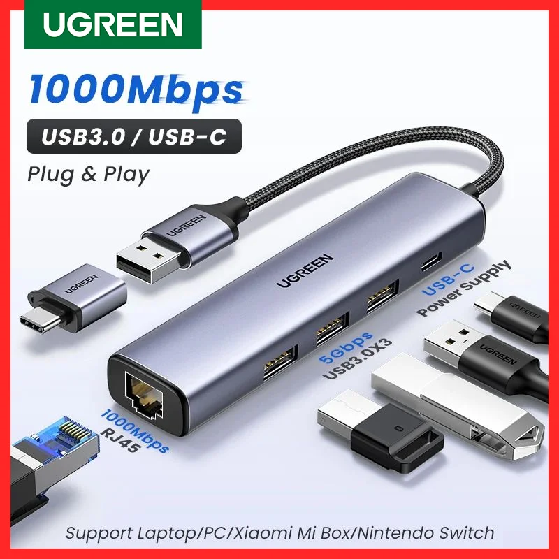 UGREEN USB Ethernet Adapter 1000/100Mbps USB3.0 HUB RJ45 Lan for Laptop PC Xiaomi Mi Box Macbook Windows USB-C HUB Network Card