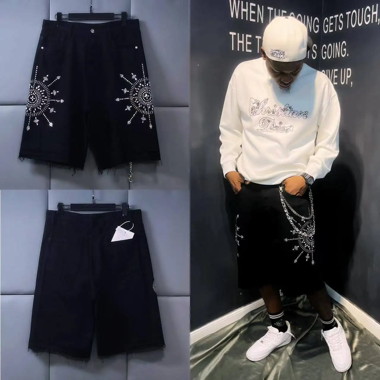 

Уличные джинсовые шорты со стразами, свободные винтажные шорты 2000-х годов, американские потертые повседневные шорты в стиле ретро, джинсовые спортивные штаны, мужская одежда