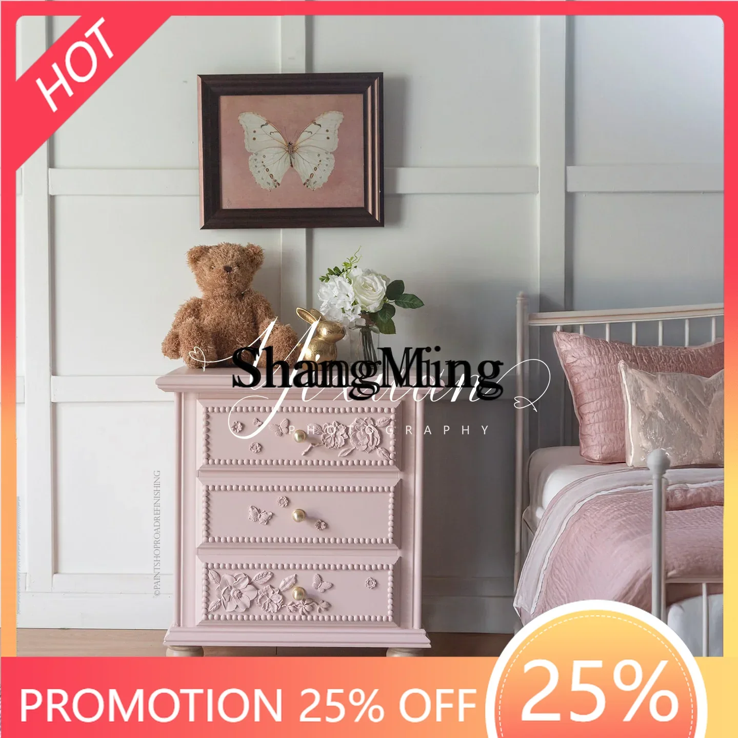 

FG carved log pink princess style solid wood bedside table bedroom storage storage cabinet furniture