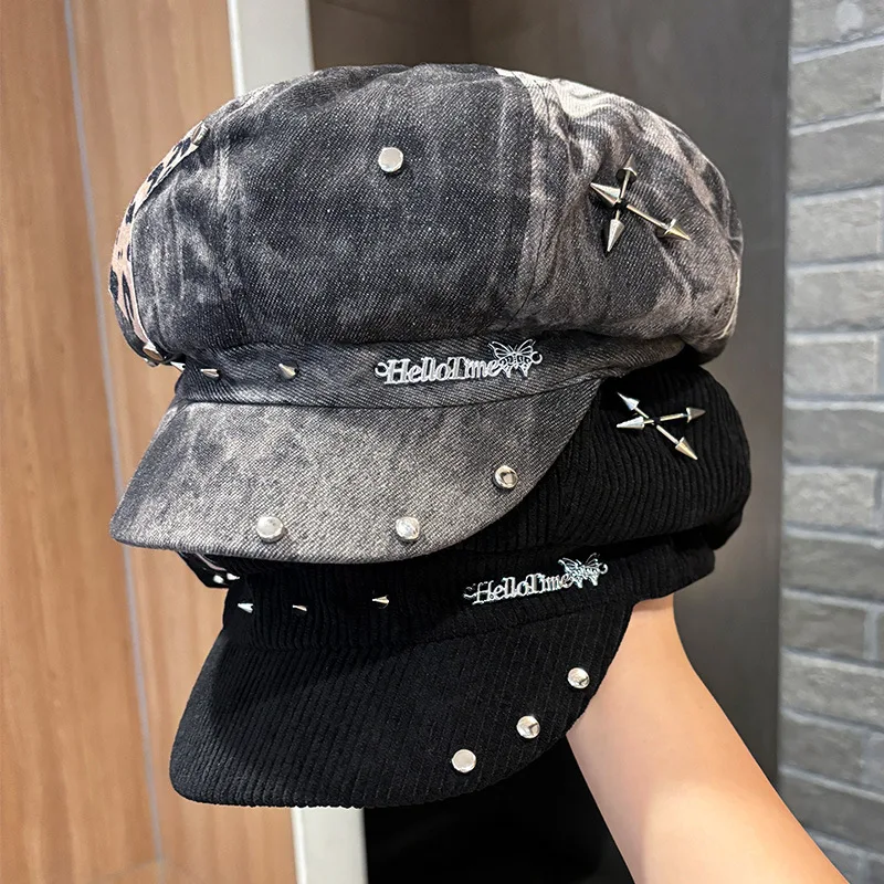 Women Unique Washed Rivet Beret Hat Retro Subculture Painter Cap Face Flattering Stylish Lightweight Street Daily Headwear
