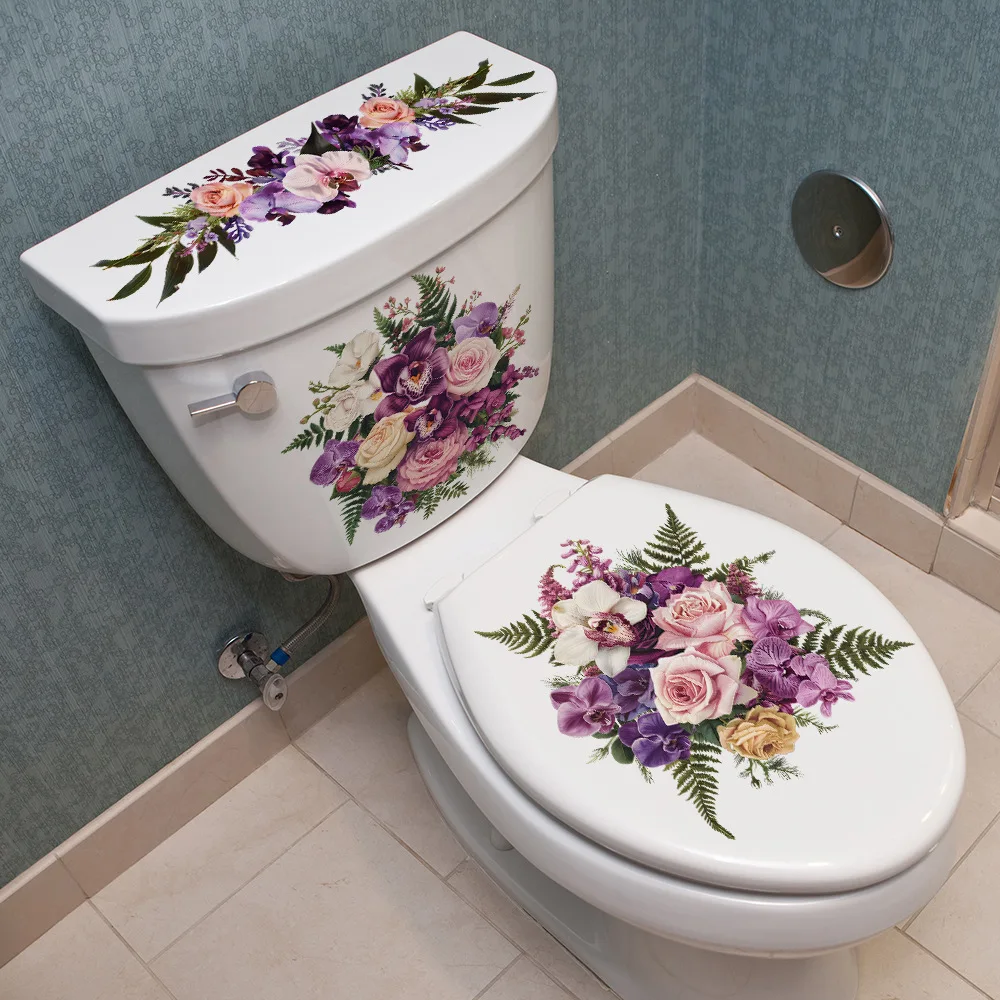 Purple Pink Floral Toilet Lid Decal Waterproof Bathroom Decoration Sticker Aesthetic Flowers Home Improvement Accessory Mural