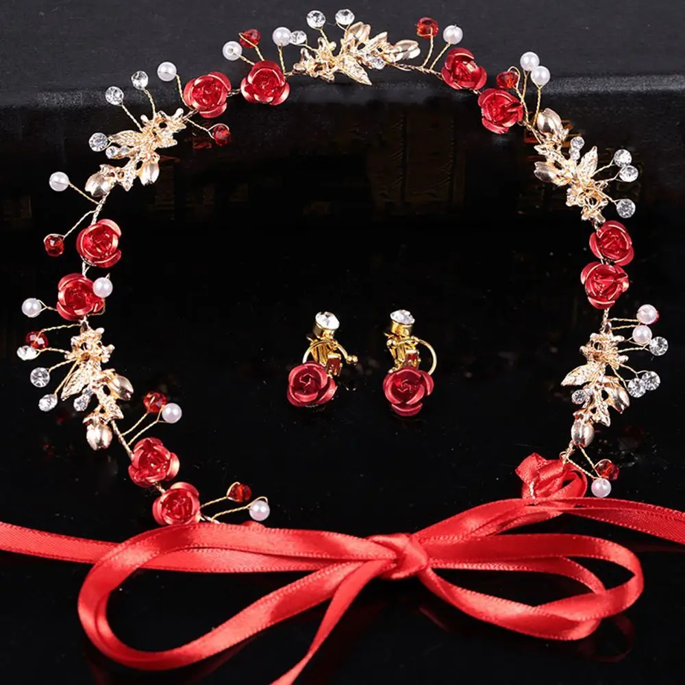 Women Tiaras Rose Flower Bridesmaid Headband Headdress Head Piece Wedding Jewelry Red Pearl Bride Hairband Earring Set Crystal