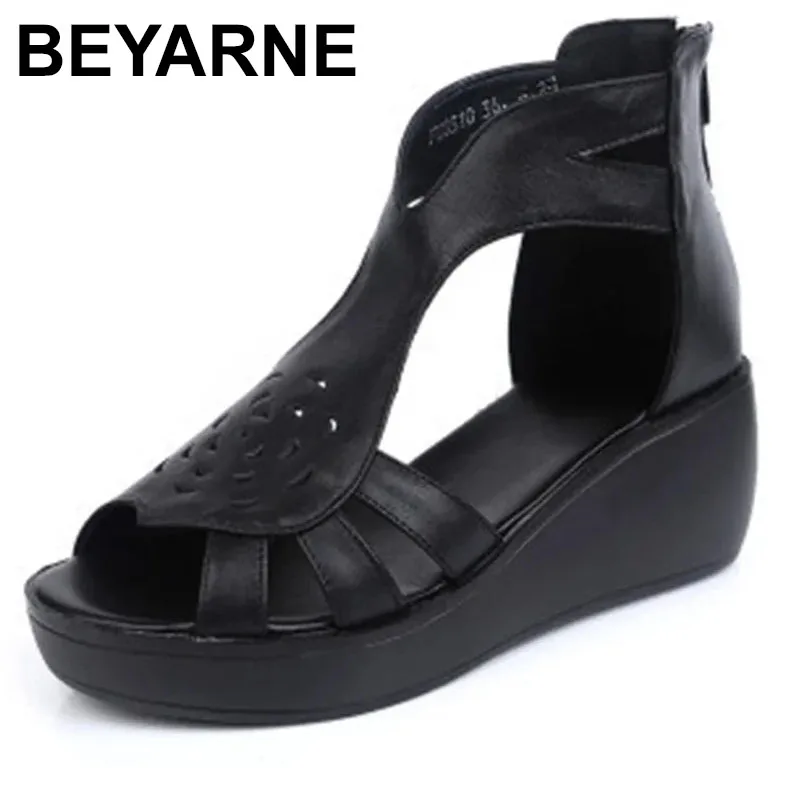 

2025 женские сандалии, летние женские повседневные туфли из натуральной кожи на платформе с открытым носком, женские модные сандалии на танкетке с толстой подошвой