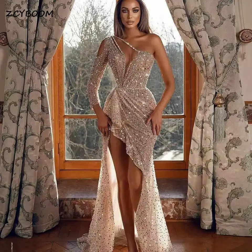 

Сексуальные платья для выпускного вечера Chanpagne Русалка на одно плечо с разрезом по бокам Иллюзия с блестками Дубай Вечерние вечерние платья для второго приема