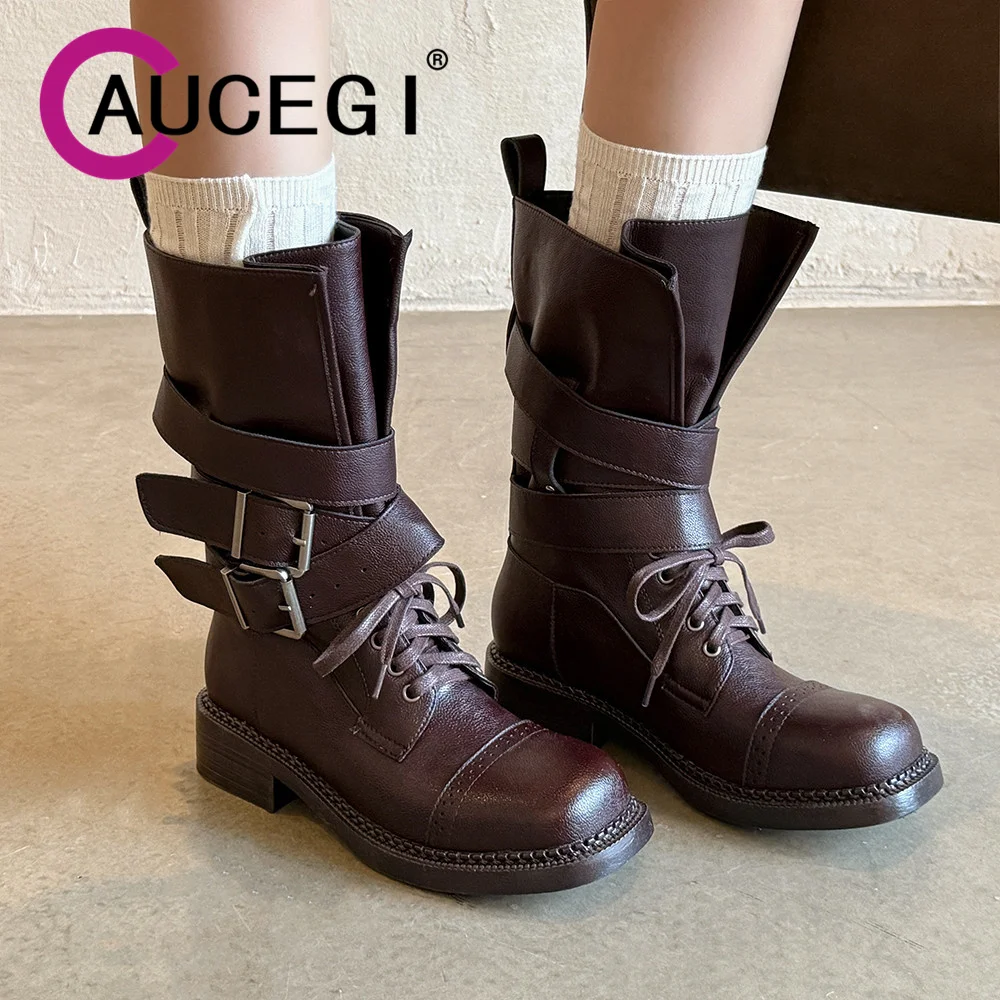 Aucegi Autumn Winter Mid-Calf Boots Square High Heels British Style Genuine Leather New Trend Buckle Cross Tied Handmade Shoes