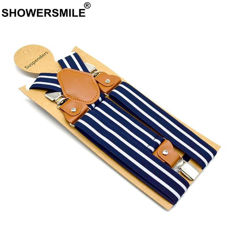 SHOWERSMILE Men Suspenders Belt Navy Unisex Women Suspender Adult Stripe Braces Leather Adjustable 3 Clips Male Pants Straps Man