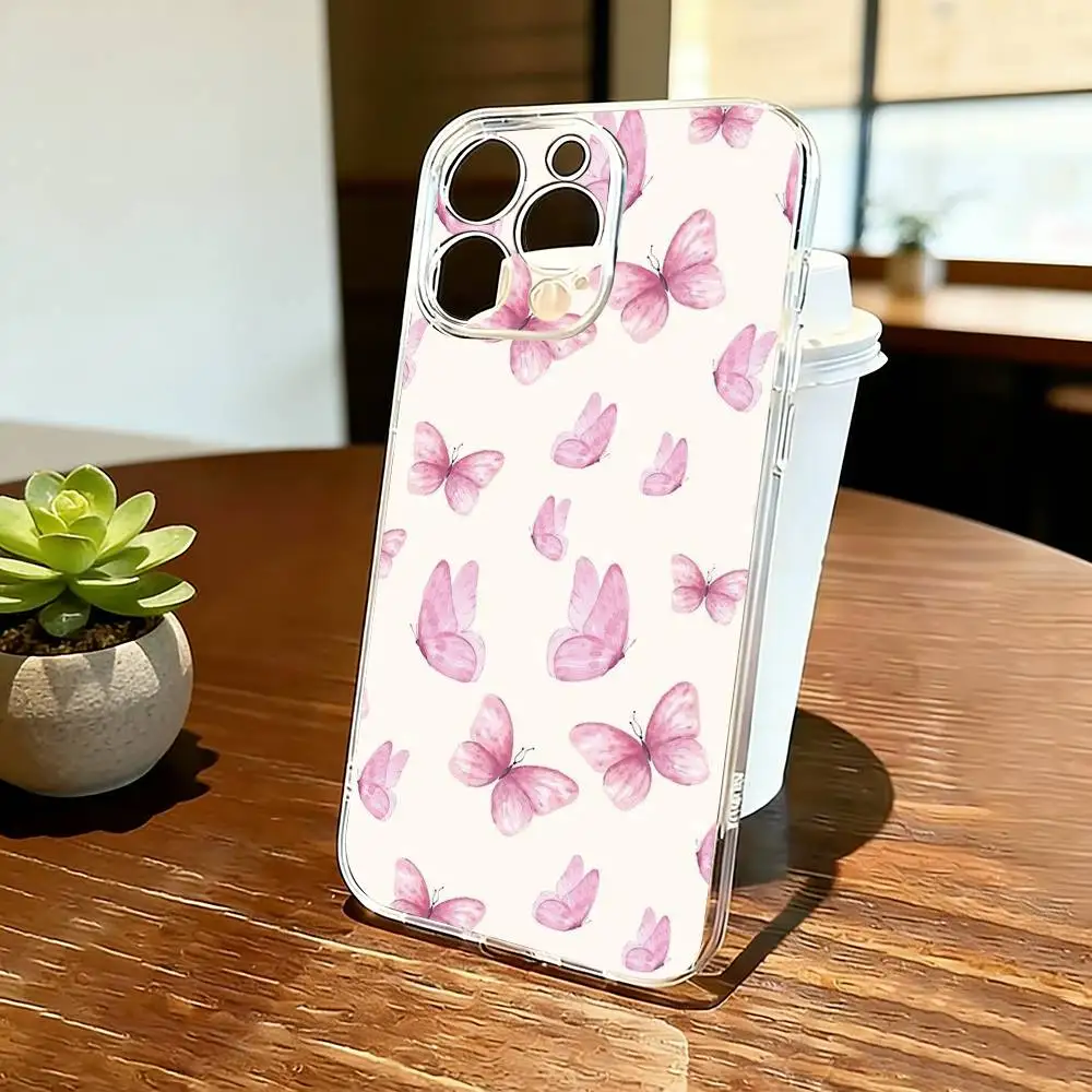 

Pink Butterfly Pattern Phone Case Transparent Silicone Soft For iPhone 17 16 15 14 13 12 11 Mini Pro Max Plus
