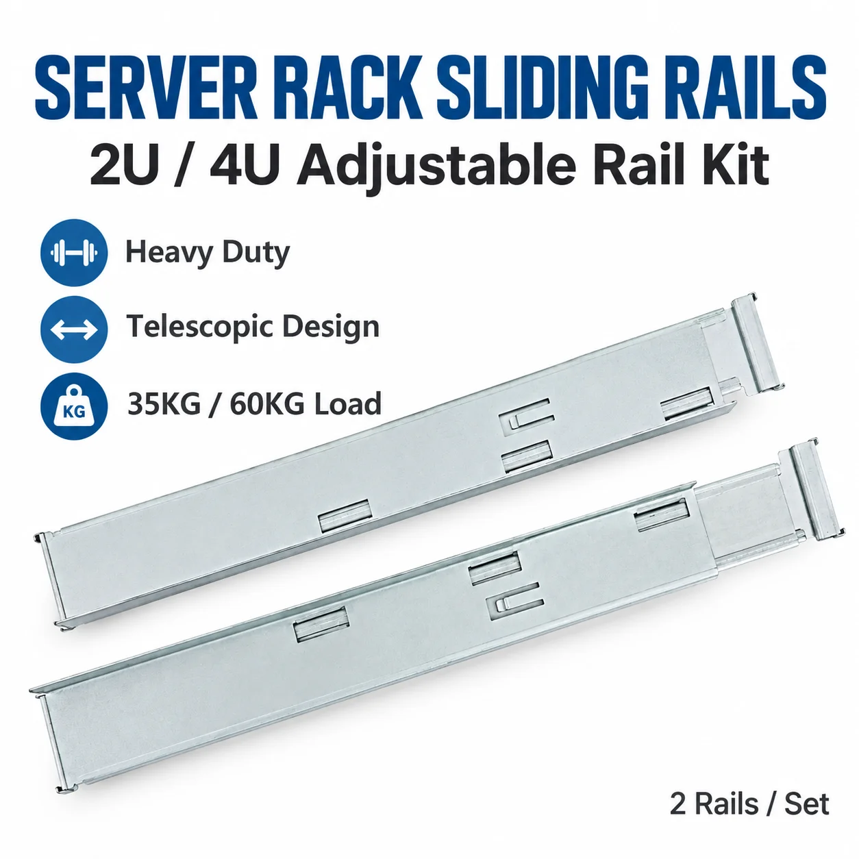 2U 4U Server Rack Sliding Rails Adjustable L-Shaped Rail Kit for Rackmount Server Chassis Cabinet 35KG 60KG Load