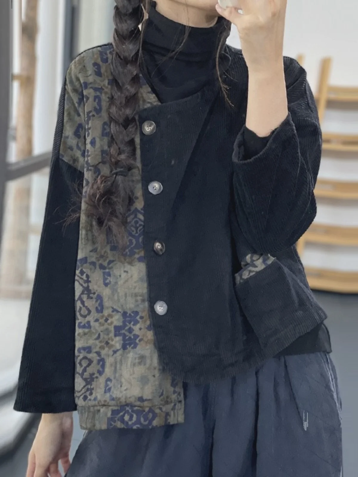 Corduroy ort Cotton Jaet Women's Ethnic Sle Color Blo Print Asymmetrical Cotton Clothes Warmth Faionable Winter Coat