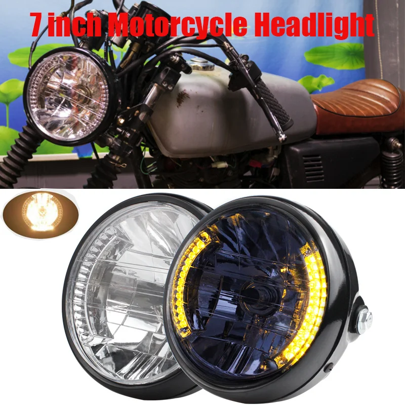 

7-дюймовая галогенная фара для мотоцикла H4 со светодиодным указателем поворота, универсальная мотоциклетная фара 12 В для кафе Racer