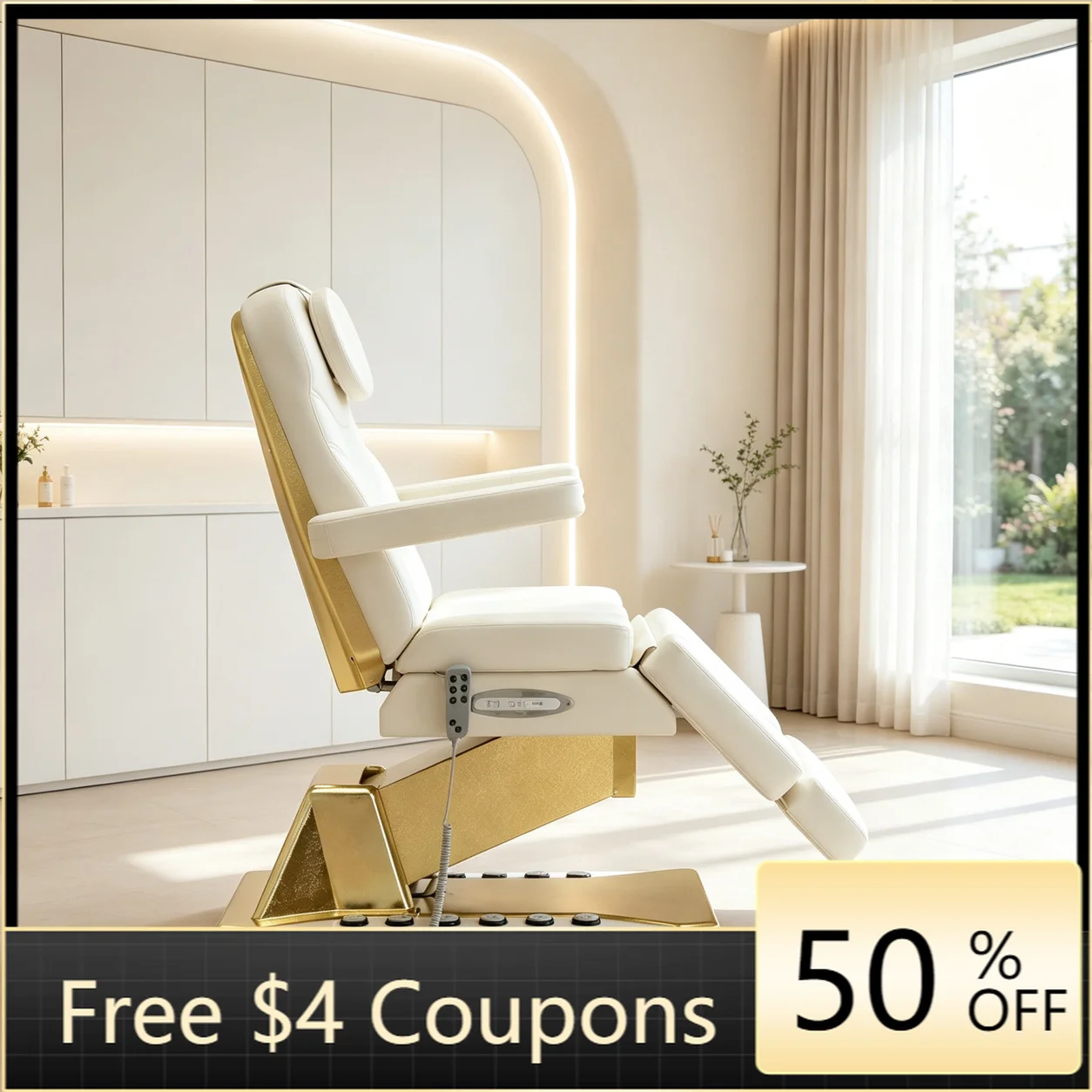 White Gold Electric Beauty Chair, 4‑Motor Adjustable Facial Bed, Multifunctional Reclining Esthetician Chair for Spa Salon Clini