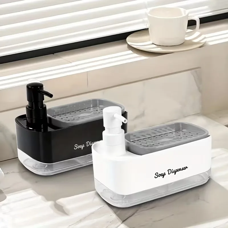 Efficient Kitchen Cleaning Dual Pump Soap Dispenser with Integrated Sponge Caddy 3 in 1 Countertop Set for Sink Organization