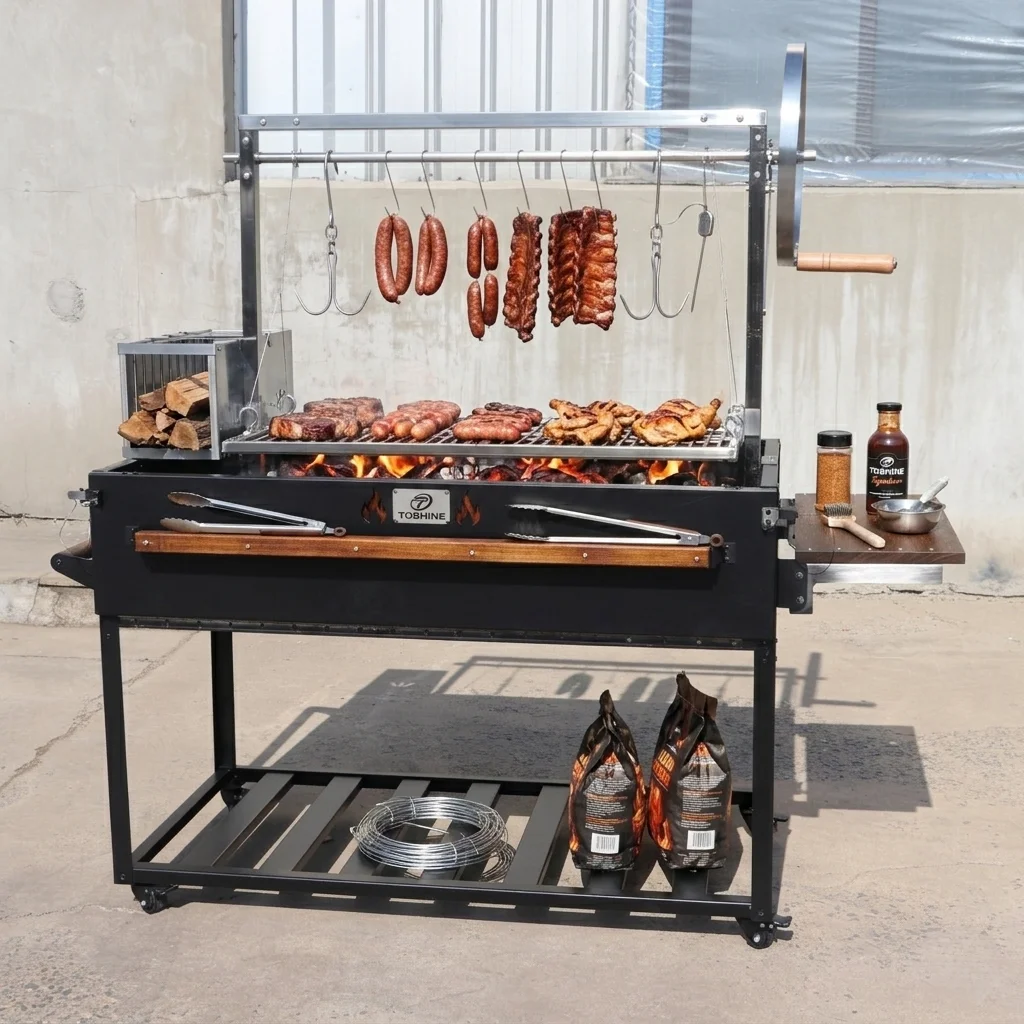 Outdoor Backyard Stainless Steel Heavy Duty Argentine BBQ Grill Station Meat Hanging Rack Crank Lift Santa Maria Style Charcoal