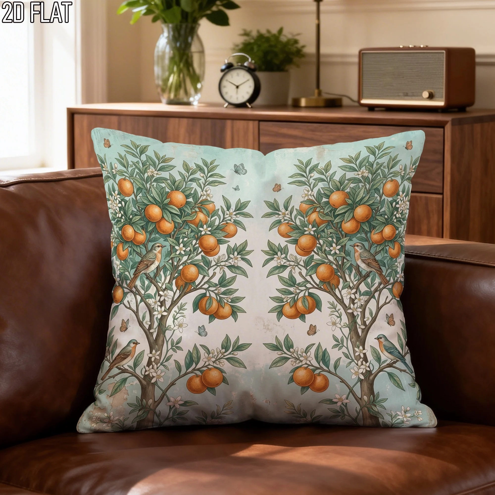Vintage Orange Tree Throw Pillow Cover Botanical Bird Print Cushion Case for Cottagecore Farmhouse Home Decor