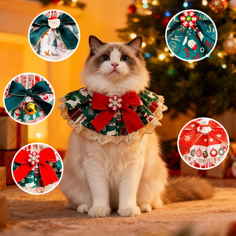 

S/M/L/ Christmas Series Pet Neck Bib Lace Trim Drool Catcher Reversible Design Adjustable Comfort for Dog Cat Festive Decora