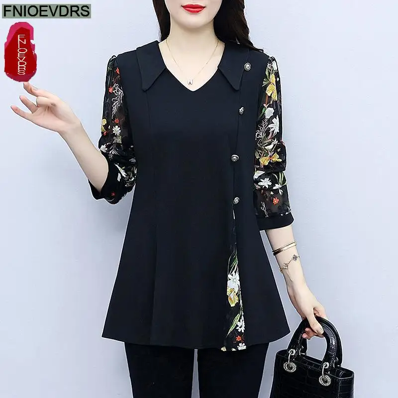 L-5XL Loose Clothes 2023 Women Autumn Elegant Ruffles Button Basic Shirts Retro Patchwork Black Floral Tunic Peplum Tops Blouses