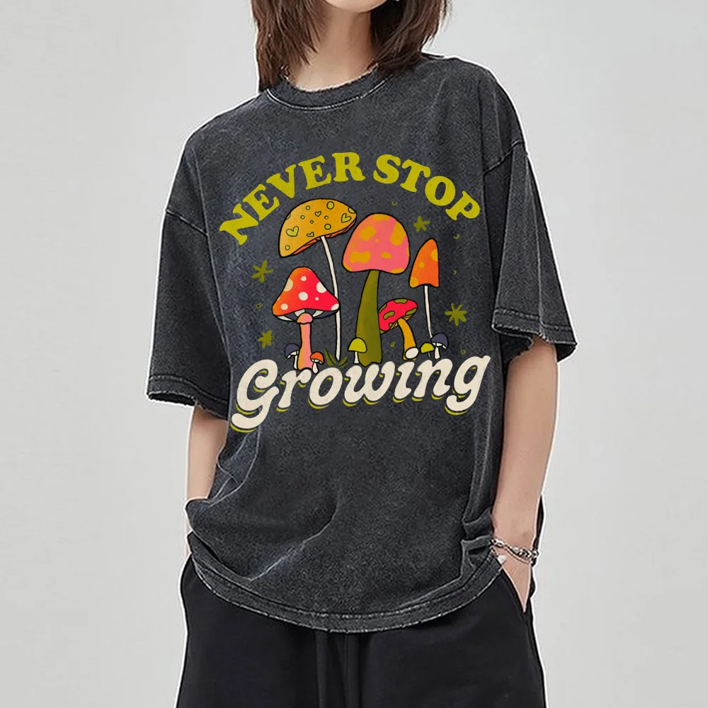 

2024 Women's T-Shirt Summer New Alphabet Mushroom Print Y2K Oversized Washed Neutral Short Sleeve Casual Trend Hip Hop Top