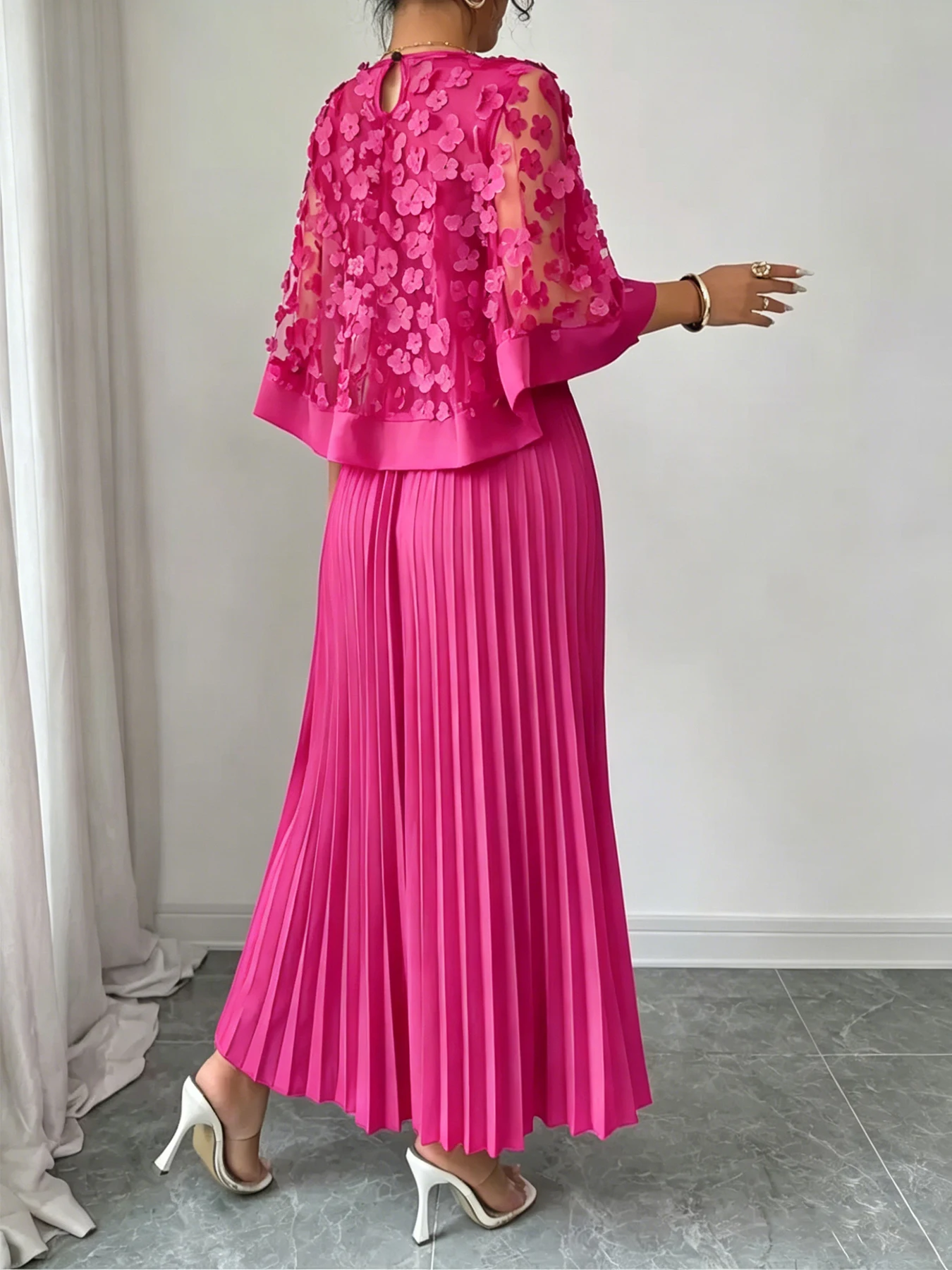Elegant A-line Pleated Dress With Appliquéd Mesh Paneling, Vacation outfits women, Summer outfits for women