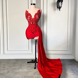 Elegant Halter Sleeveless Beaded Embroidery Women Birthday Party Gowns Black Girl Red Short Prom Dresses 2026 Side Train