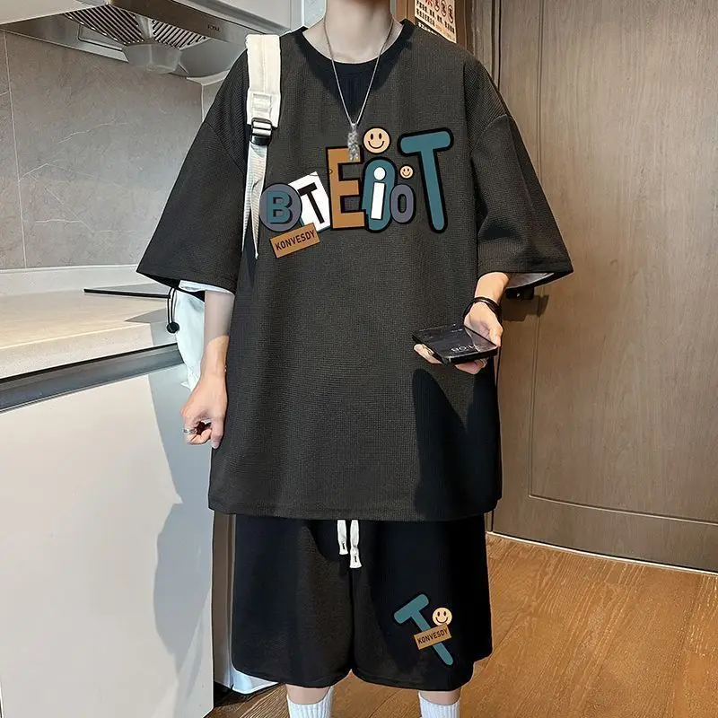 

Summer Thin Cotton Printed Suit Men's Teen Cool Handsome Simple Plus Size Short Sleeve T Sports