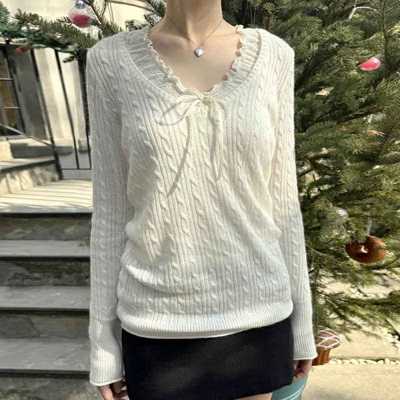 IAMHOTTY y2K Aesthetic Twist Knitting Top Beige Color Mature Slim Sweater Pullovers Kawaii Bow V-neck Knitwear Fall Winter Women