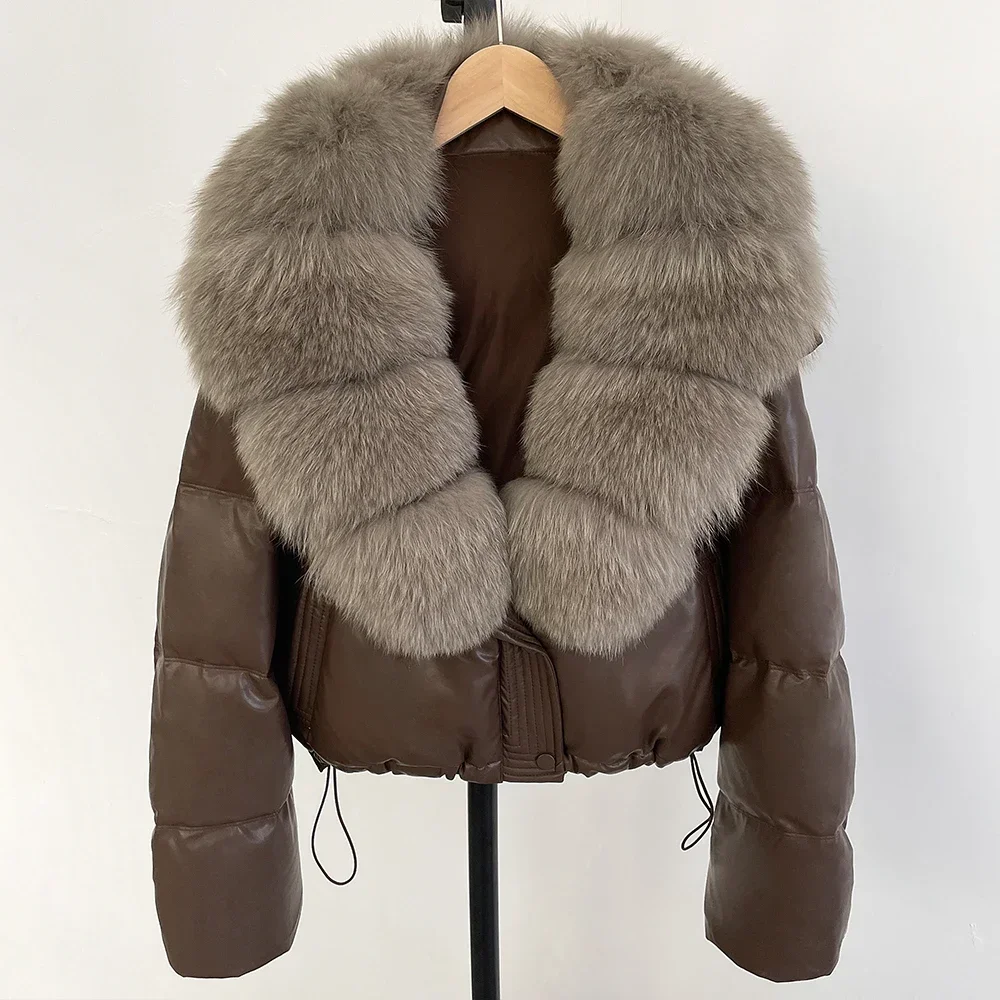 OFTBUY Fur Store 90% White Duck Down Jacket Women Large Natural Fox Fur Collar Winter Short Waterproof PU Puffer Coat Female