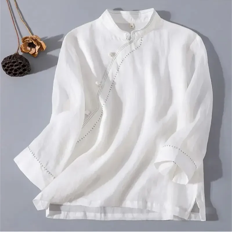 Chinese Style Ramie Blouse Women Retro Stand Collar White Shirt Autumn Slanted Button 3/4 Sleeve Tea Womens Clothing