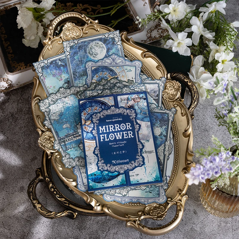 30Sheets Material Mirror Flower Edge Writing Retro Handbook Diary Base Paper Notebooks Decoration Scrapbook 180*118MM