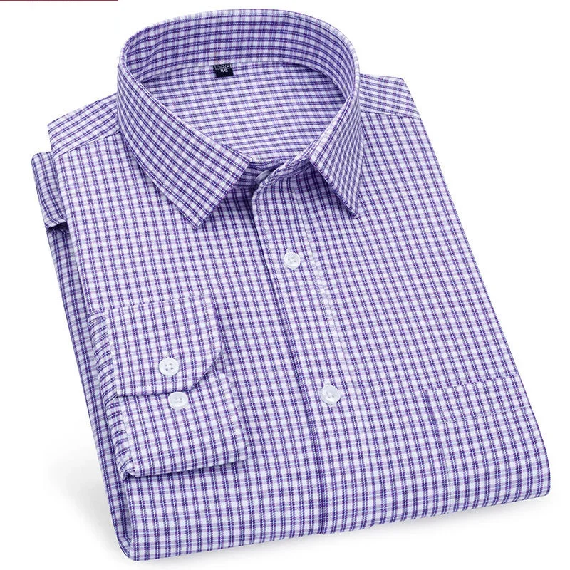 Top Quality Mens Business Casual Long Sleeved Shirt Classic Plaid Striped Checked Male Social Dress Shirts for Man Purple Blue