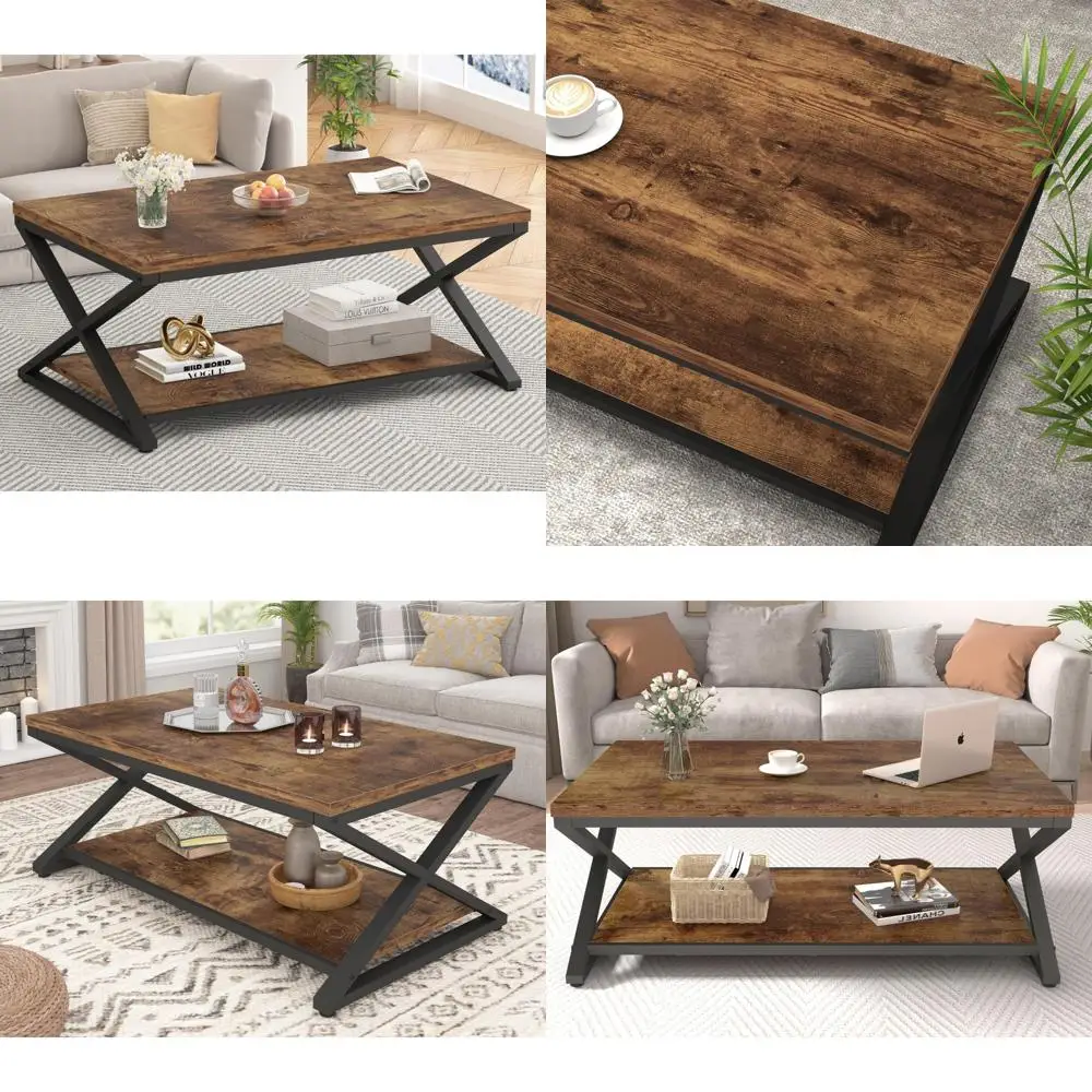 

Rustic Farmhouse-Style Wood Coffee Table with Storage, Modern Two-Level Living Room Center Table in Brown