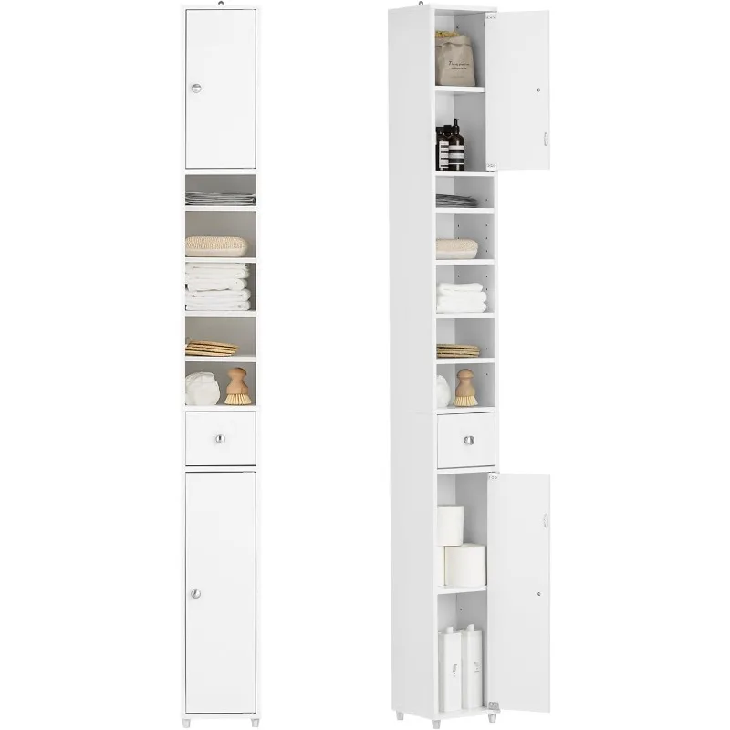 Bathroom Narrow Storage Cabinet Skinny Tall Unit with Adjustable Shelves Slender Anti-Tipping Floor Standing Cupboard,